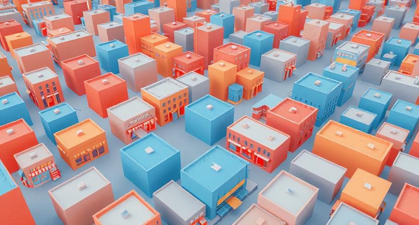 Birds eye view of shops and streets colored a cream color and some colored a coral color